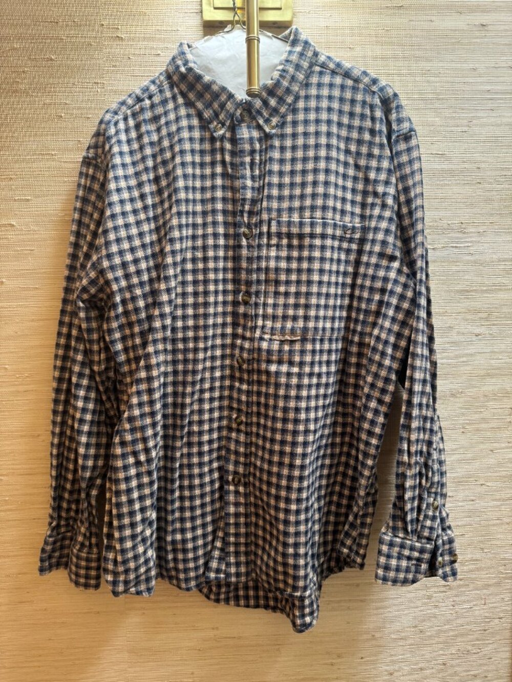 Drake Men’s Large Check Button Down Shirt Navy Tan Long Sleeve Outdoors
